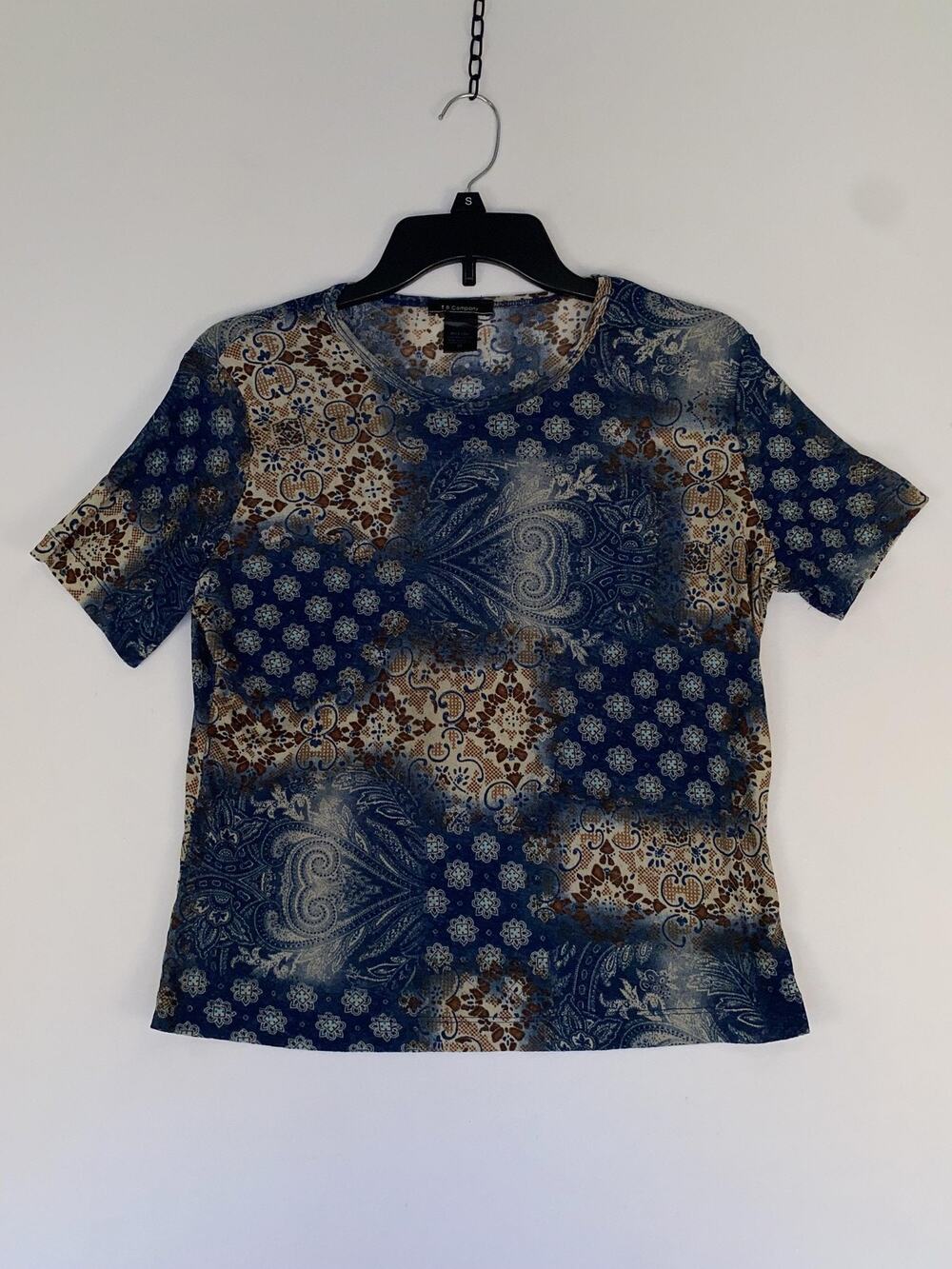 T & Company Shirt Womens Medium Blue Paisley Print Crew Neck Short Sleeve Top